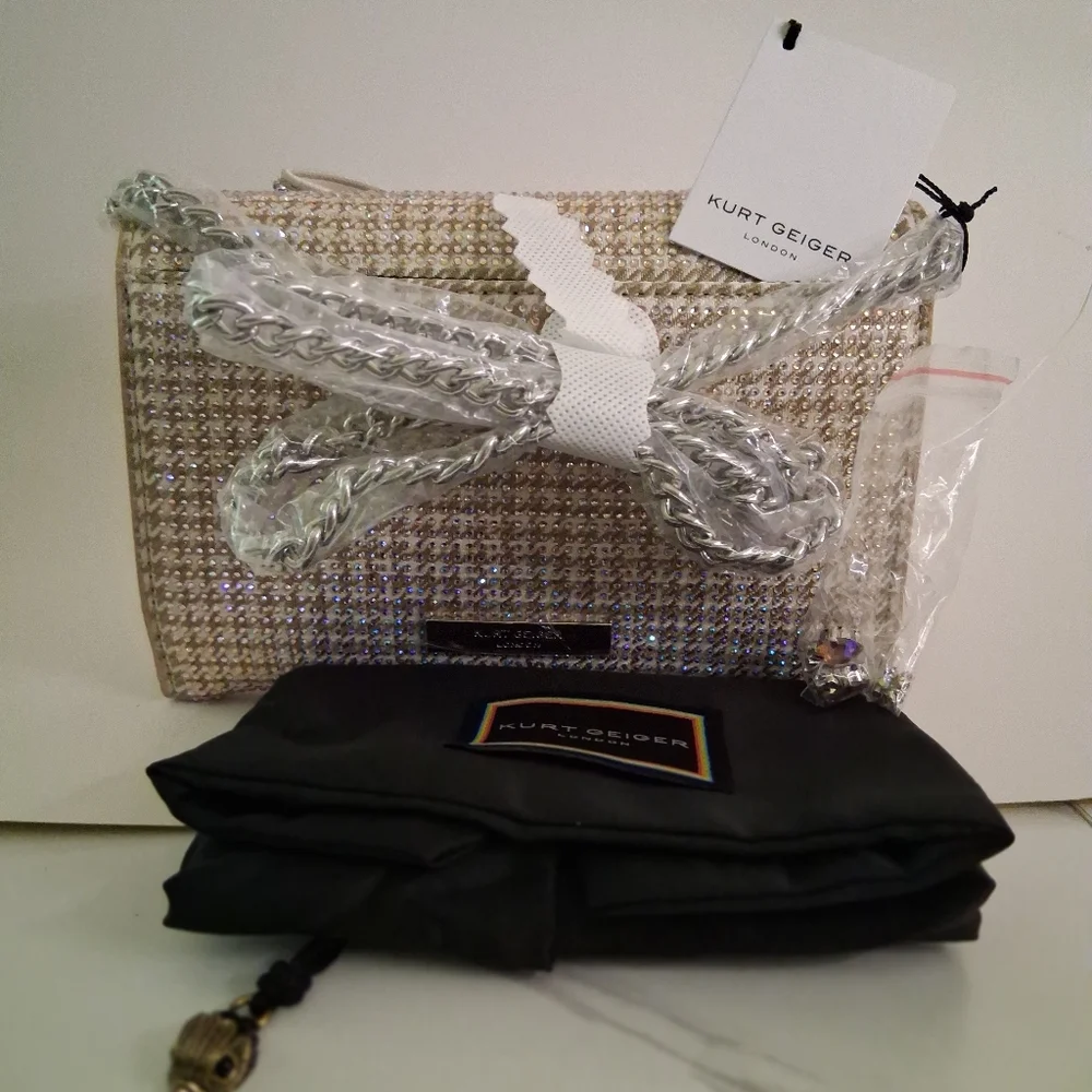 Kurt Geiger Shoreditch Bag Beigh/Gold Clutch with Bow Rhinestones NWT